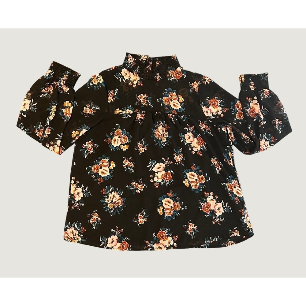 CURE Floral Smocked Mock Neck Blouse Black Long Sleeve Chiffon Lined XL 1612